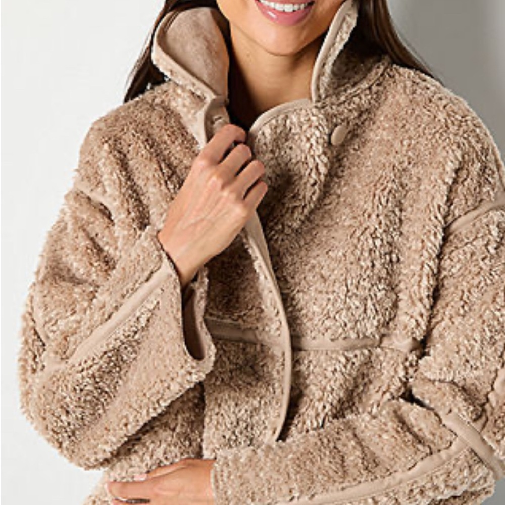Cozy Tan Teddy Jacket with High Collar and Plush Fabric